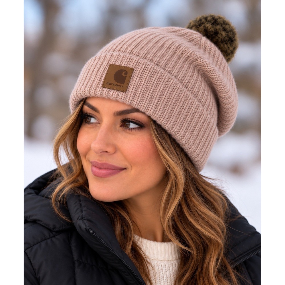 Carhartt Womens Ribbed Knit Slouchy Cuffed Brim Fur Pom Pom Beanie Hat OS Pink